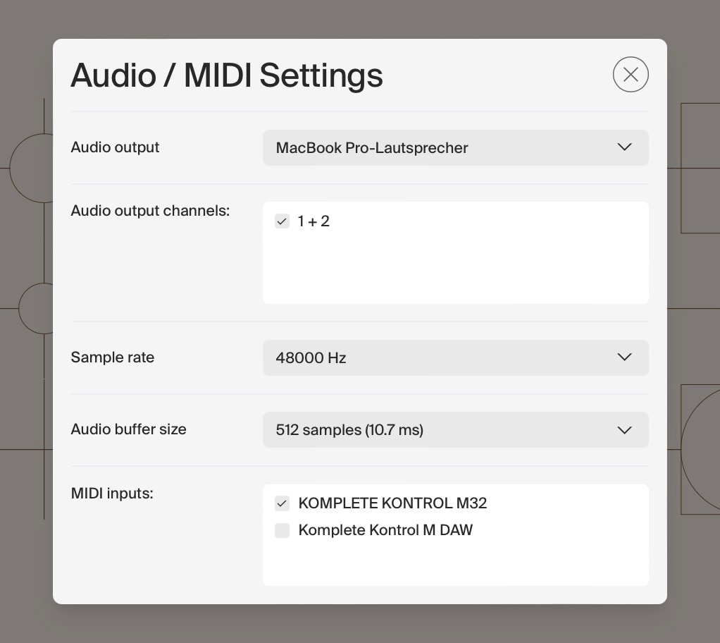 FFOSSO Audio/ Midi settings
