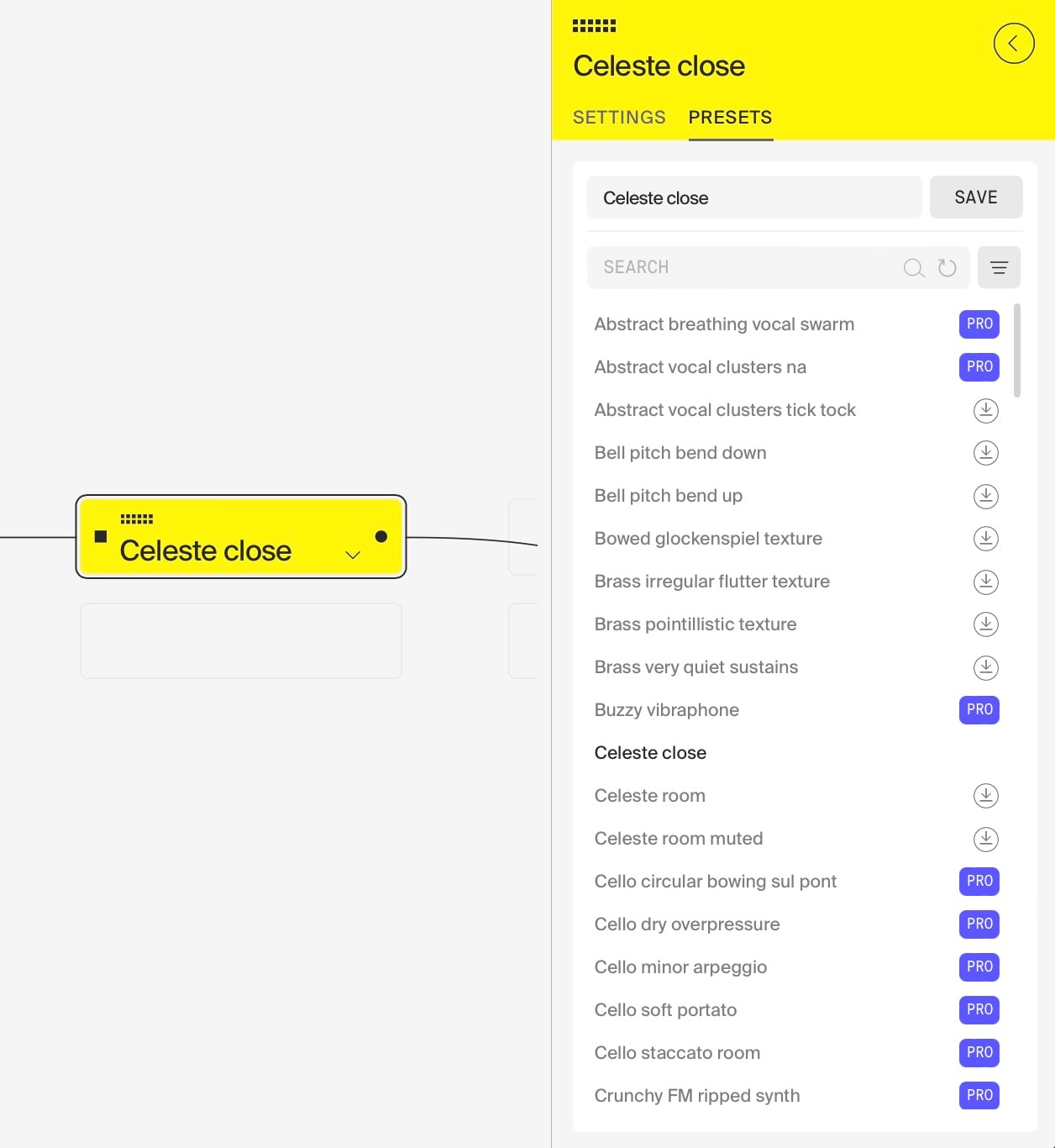 Presets browser of the property panel